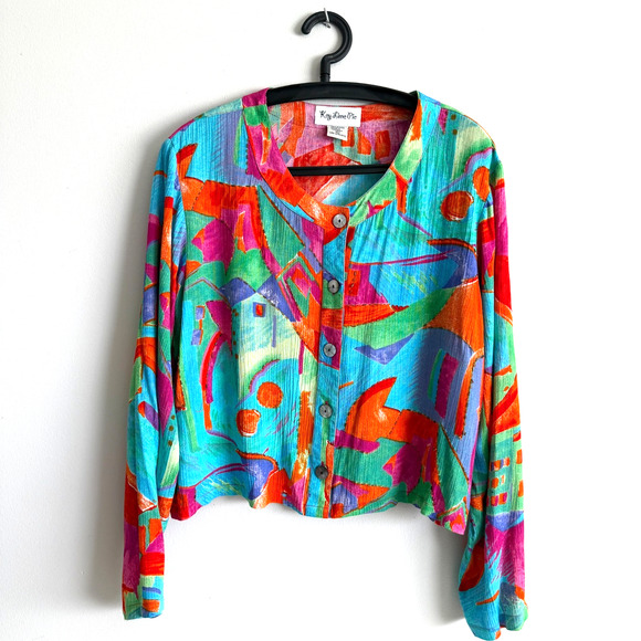 Key Lime Pie Womens Large Multicolor Cardigan Blouse Boho Festival Colorful Art - Picture 1 of 16